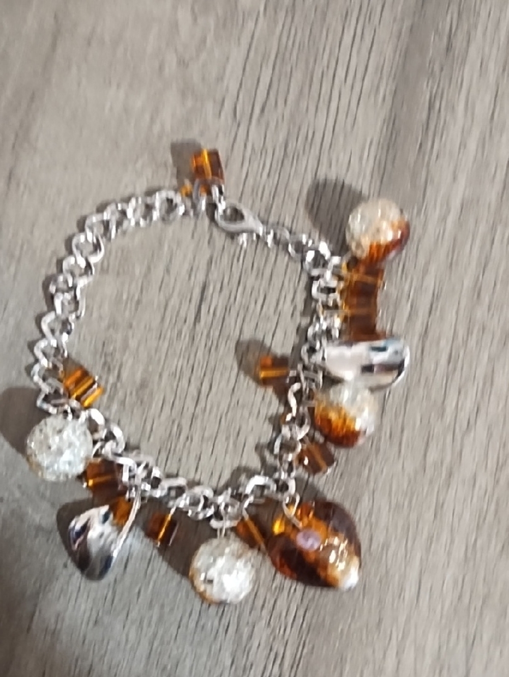 Silver Chain Charm Bracelet with Amber and Crystal Beads